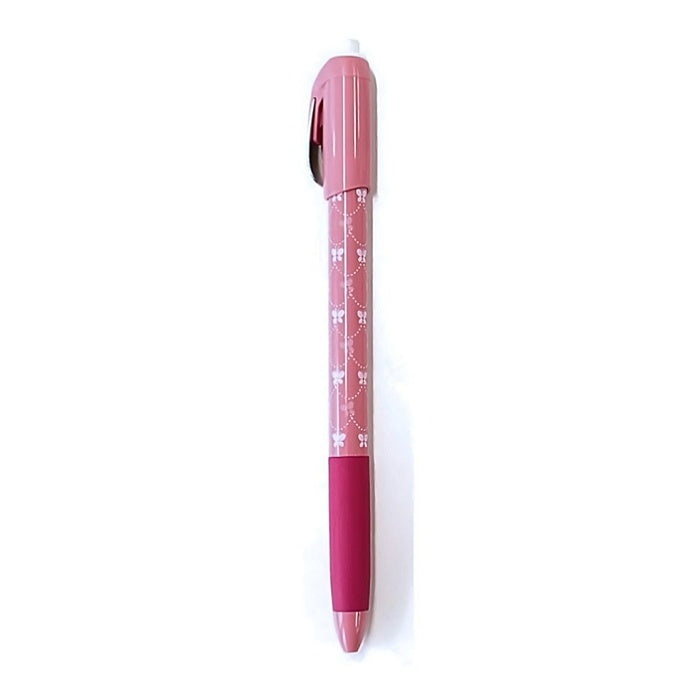 Pink fabric pencil with white butterflys on barrel.