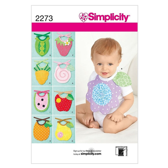 Simplicity pattern cover with baby wearing a colourful bib.