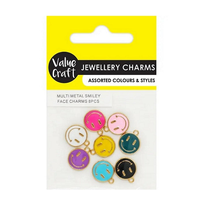 Eight multicolour smiley face charms in packaging.