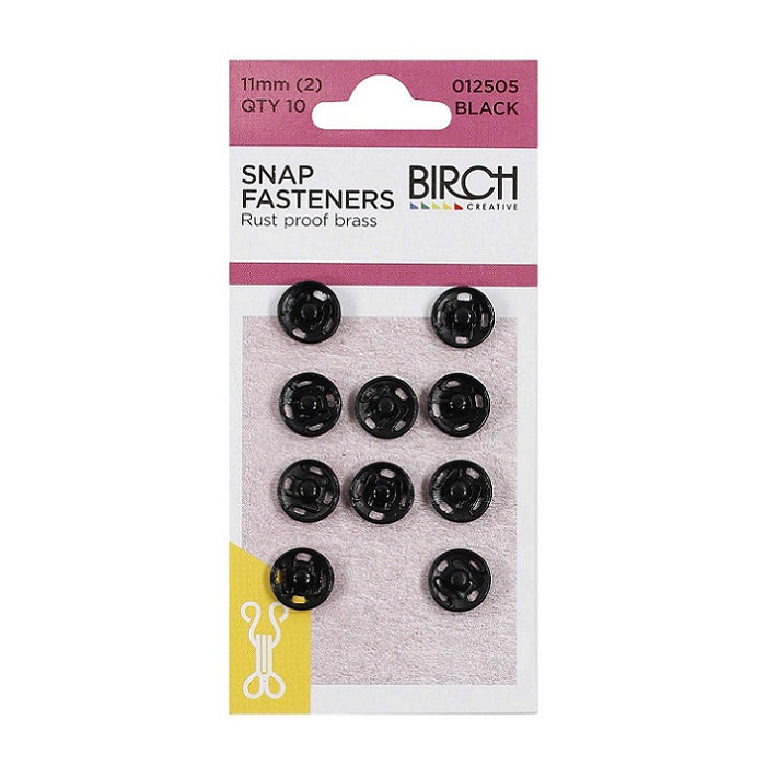 Pack of black 7mm snap fasteners with Birch branding.