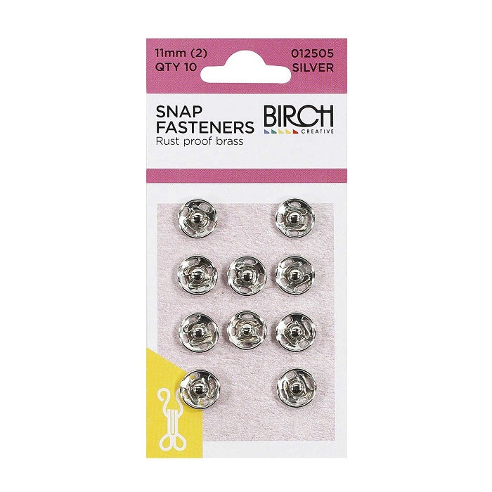 Pack of silver 11mm snap fasteners with Birch branding.