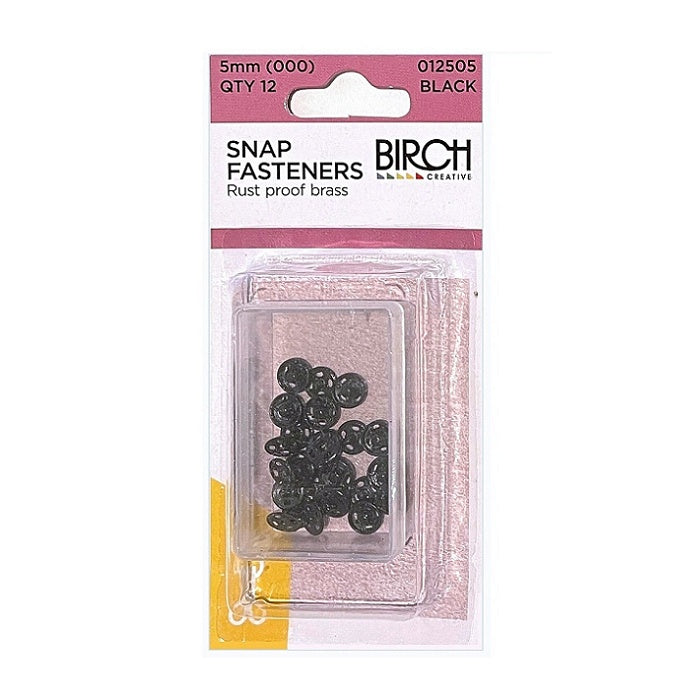 Pack of black 5mm snap fasteners with Birch branding.