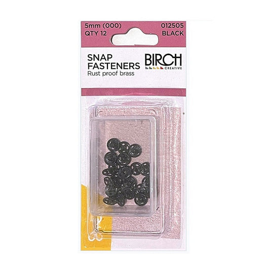 Pack of black 5mm snap fasteners with Birch branding.