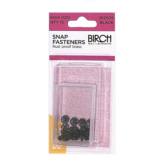 Pack of black 6mm snap fasteners with Birch branding.