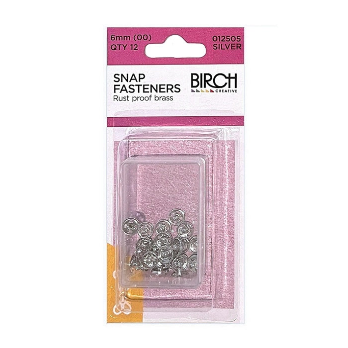 Pack of silver 6mm snap fasteners with Birch branding.