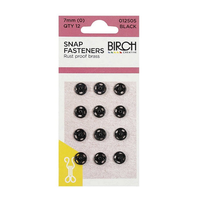 Pack of black 7mm snap fasteners with Birch branding.