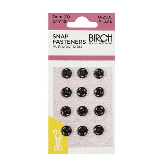 Pack of black 7mm snap fasteners with Birch branding.