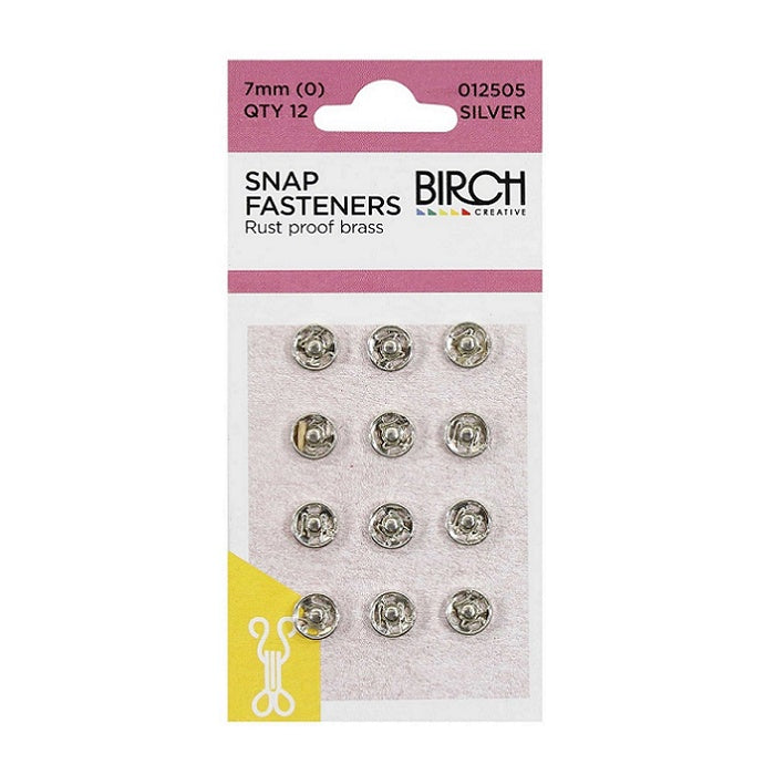 Pack of silver 7mm snap fasteners with Birch branding.