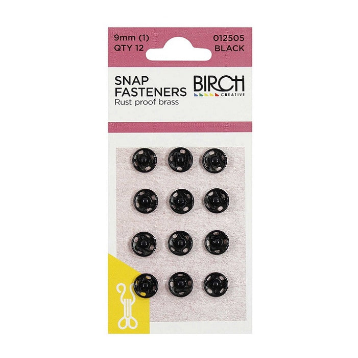 Pack of black 9mm snap fasteners with Birch branding.