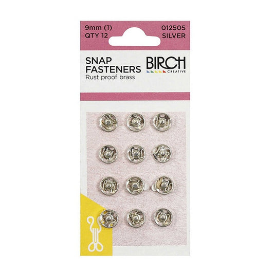 Pack of silver 9mm snap fasteners with Birch branding.