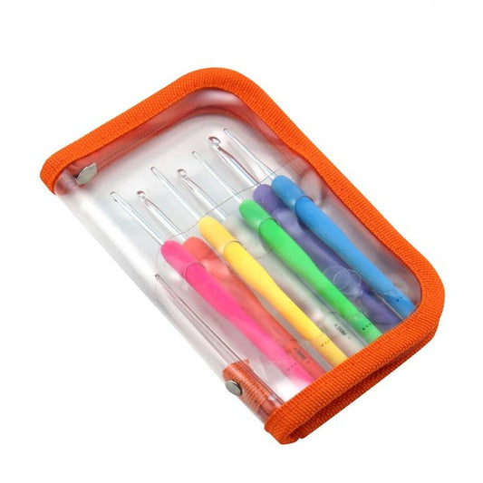 Colourful crochet hooks in clear plastic zippered case with orange binding.