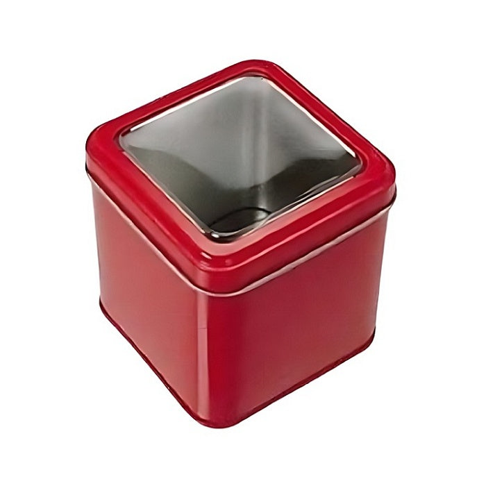 Red square metal tin with a clear window in the lid.