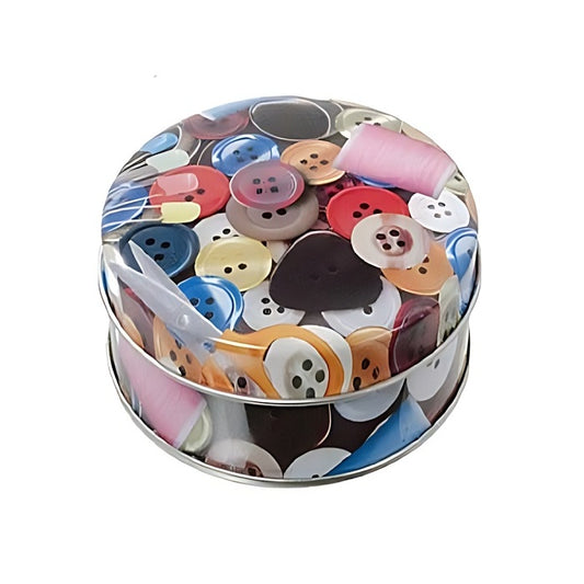 Metal storage tin with mulit coloured button design.