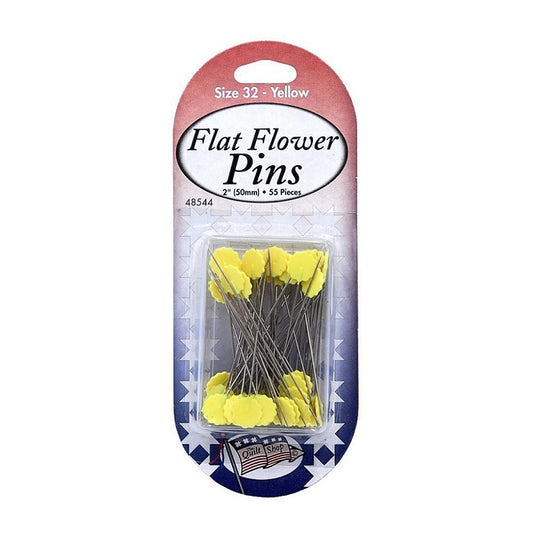 Packaged yellow flat flower pins.