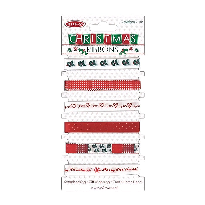 Six assorted Christmas ribbons on a card.