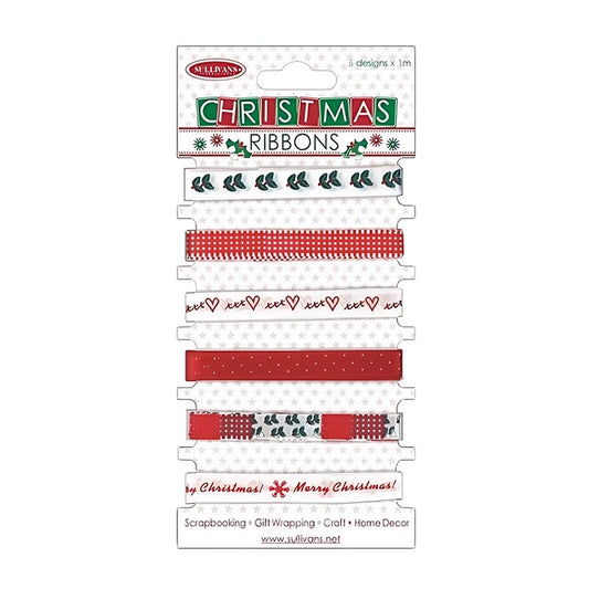 Six assorted Christmas ribbons on a card.