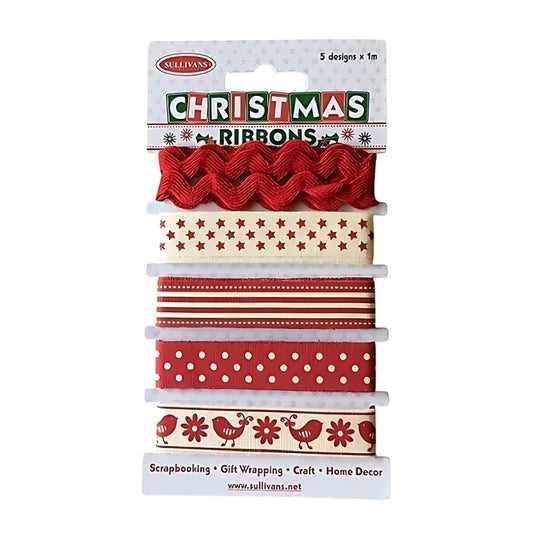 Red and cream Christmas ribbons on a card.