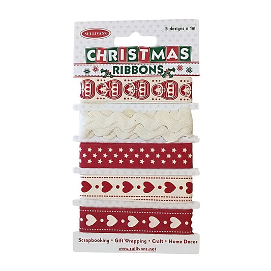 Cream and red Christmas ribbons on a card.