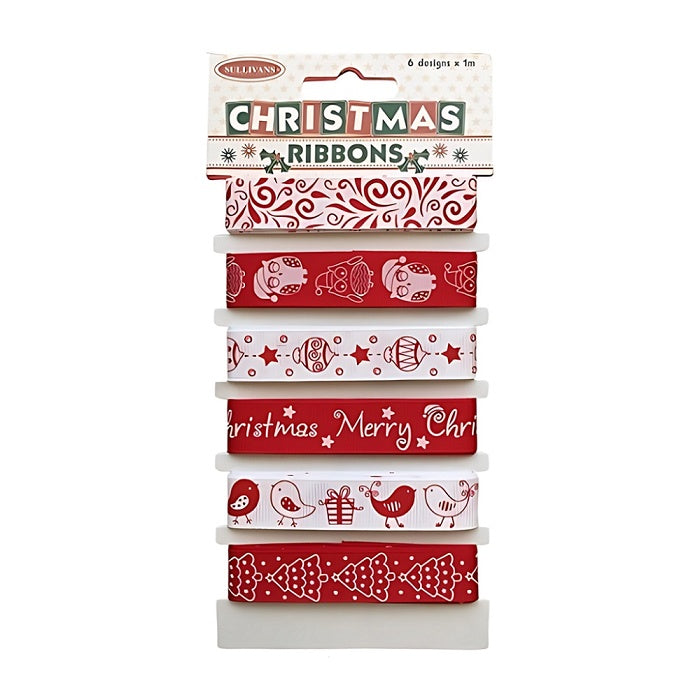 Red and white Christmas ribbons on a card.