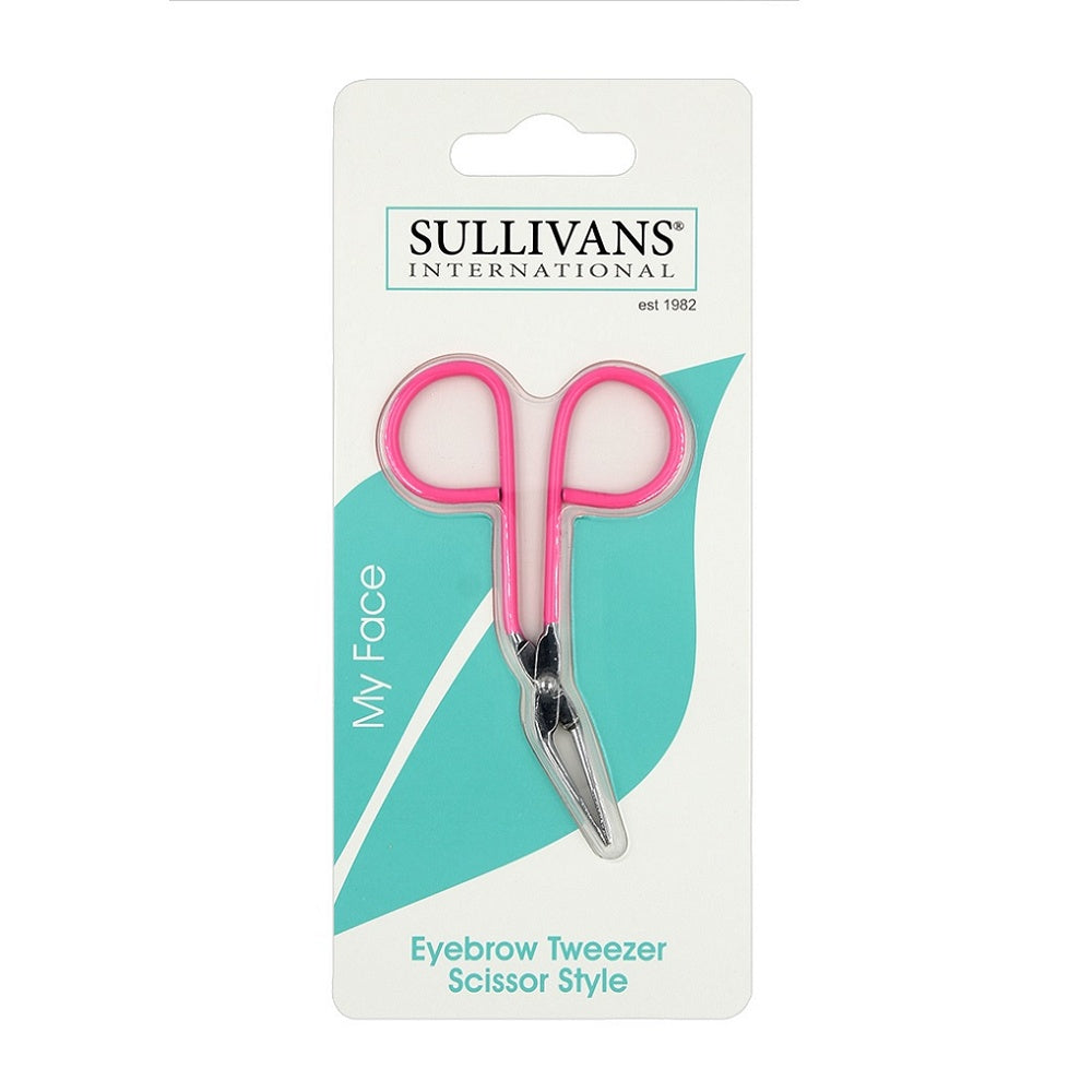 Packaged pink scissor style eyebrow tweezers.