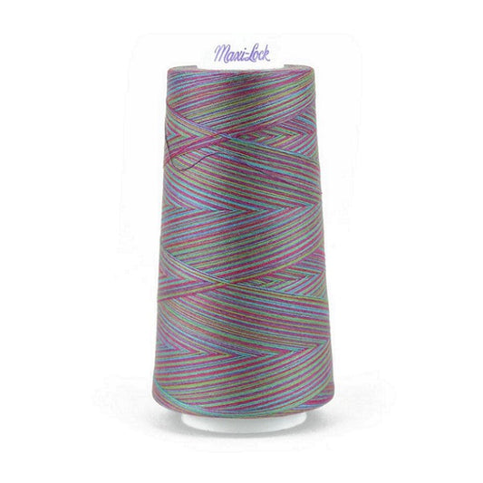 Colourful variegated thread cone with Maxi-Lock branding.