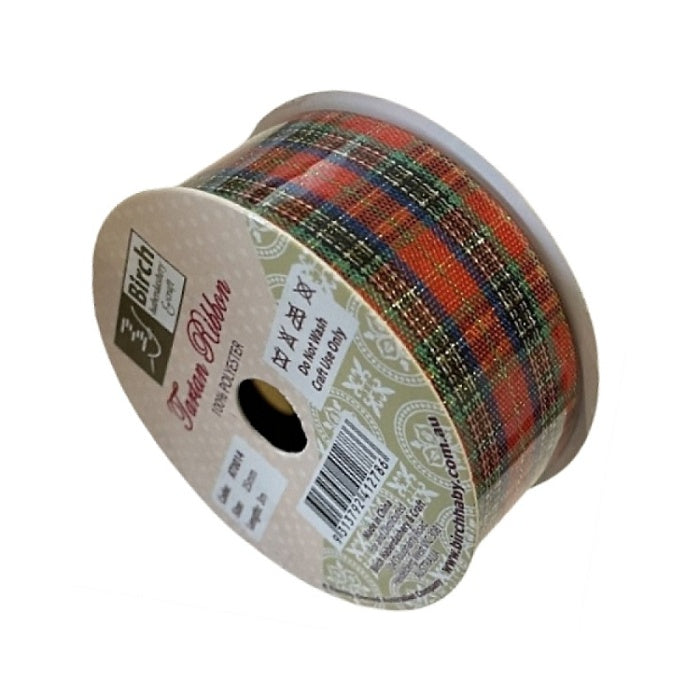 Roll of red and green checked ribbon with Birch branding.