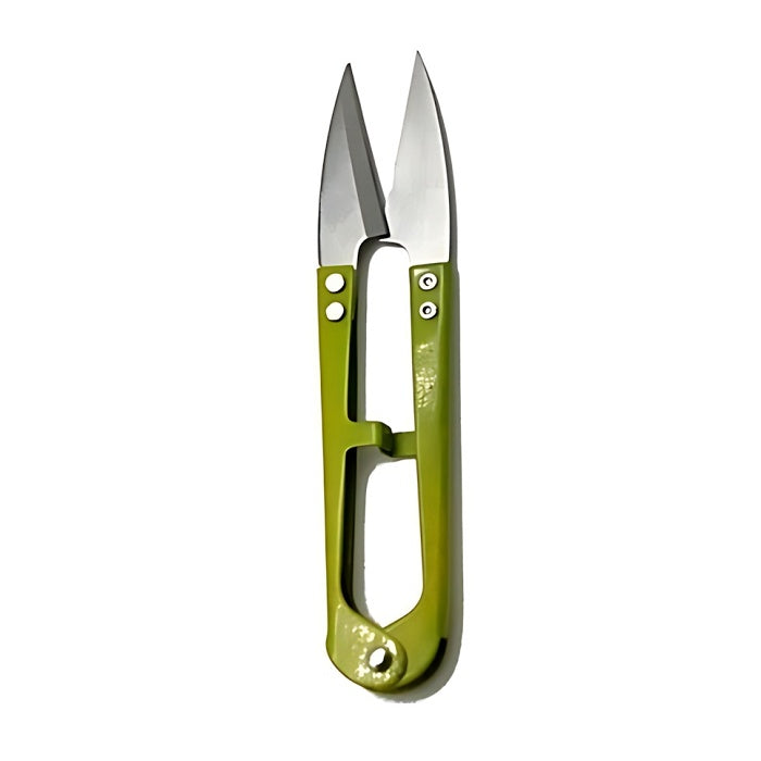 Green handled metal thread snips.