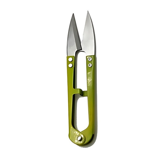 Green handled metal thread snips.