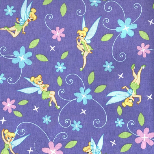 Mauve fabric with Tinkerbell and flowers.