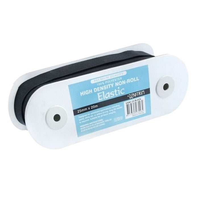 Roll of black elastic with Uni-Trim branding.