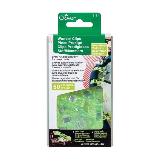 Neon green wonder clips with Clover branding.