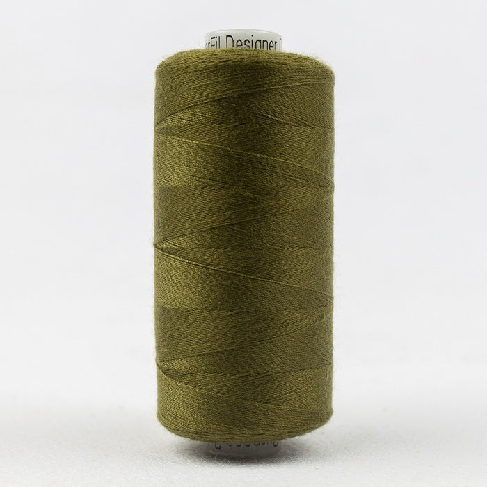 Spool of olive green thread with Designer branding.