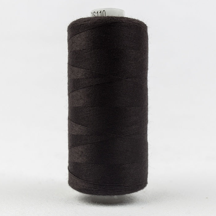 Spool of very dark brown thread with Designer branding.