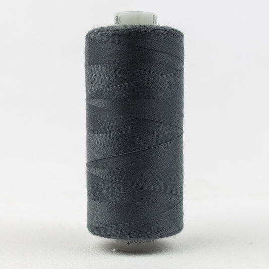 Spool of dark grey thread with Designer branding.