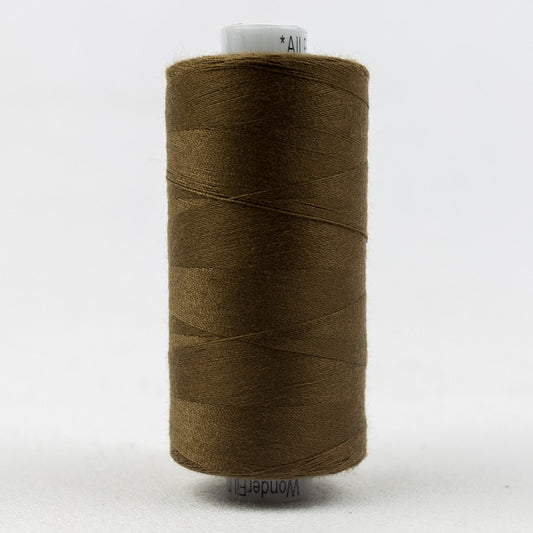 Spool of dark brown thread with Designer branding.