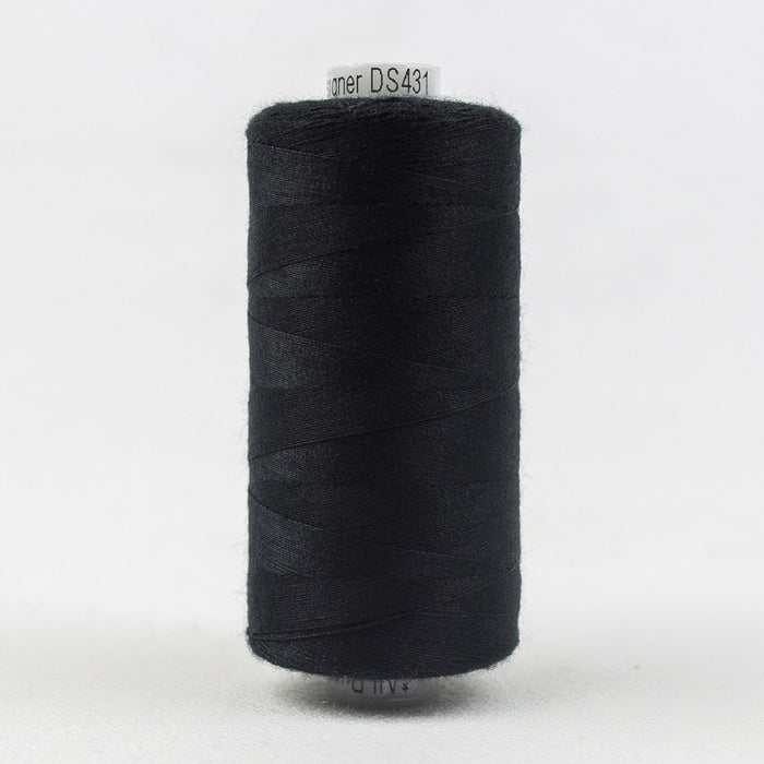 Spool of black thread with Designer branding.