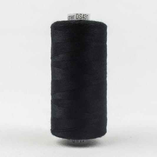 Spool of black thread with Designer branding.