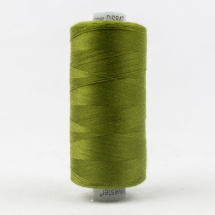 Spool of dark olive green thread with Designer branding.