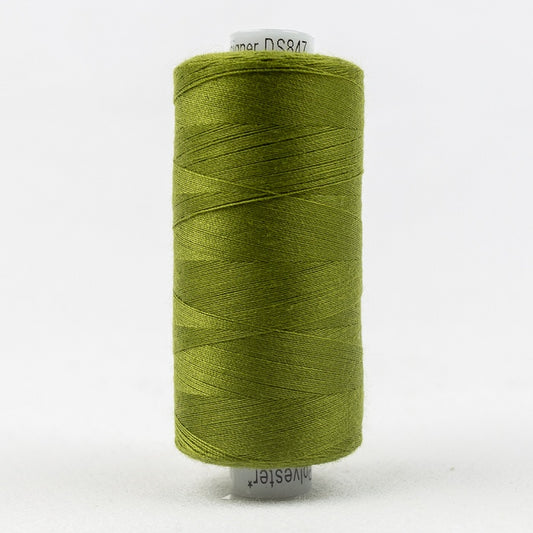 Spool of dark olive green thread with Designer branding.
