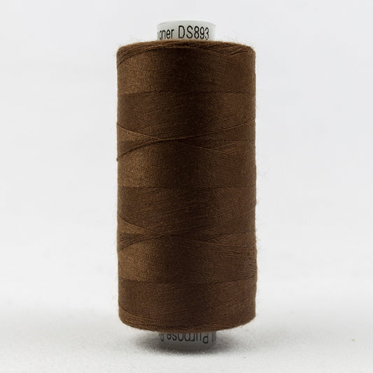 Spool of dark brown thread with Designer branding.