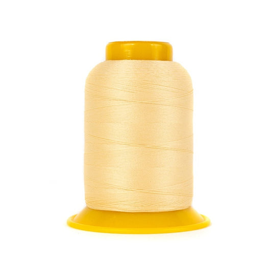 Beige wooly poly thread cone.