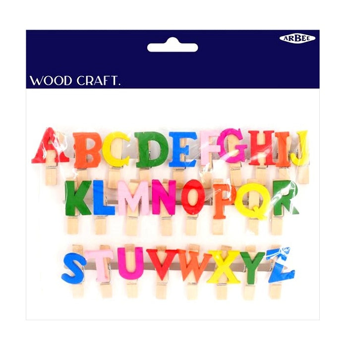 Pack of colourful alphabet wood pegs.