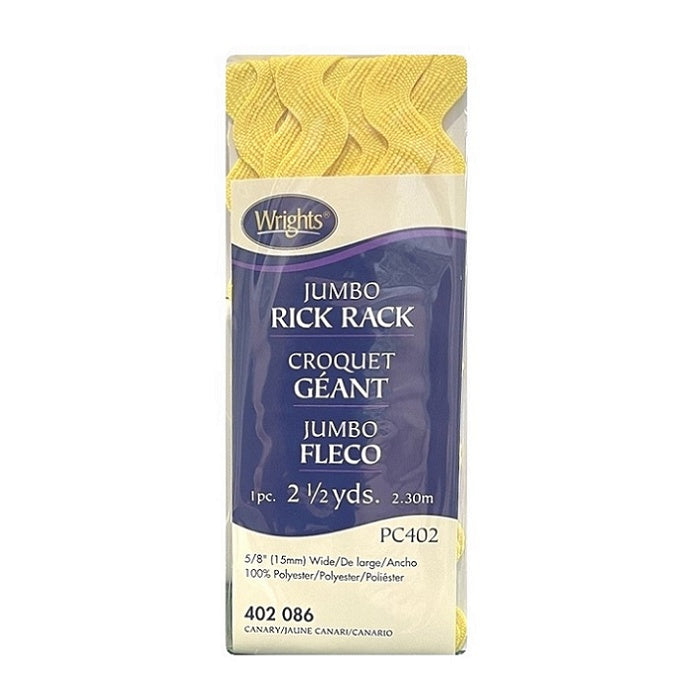 Bright yellow jumbo rick rack with Wrights branding.