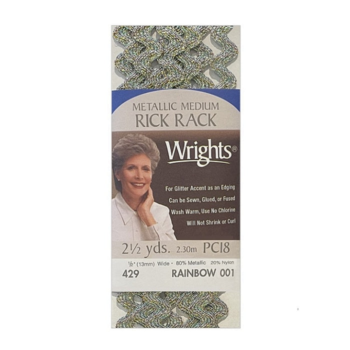 Rainbow metallic rick rack with Wrights branding.