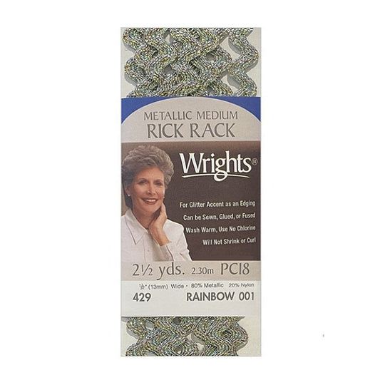 Rainbow metallic rick rack with Wrights branding.
