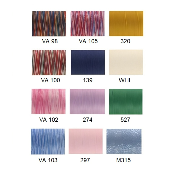 Colour swatch chart with plain and variegated colours.